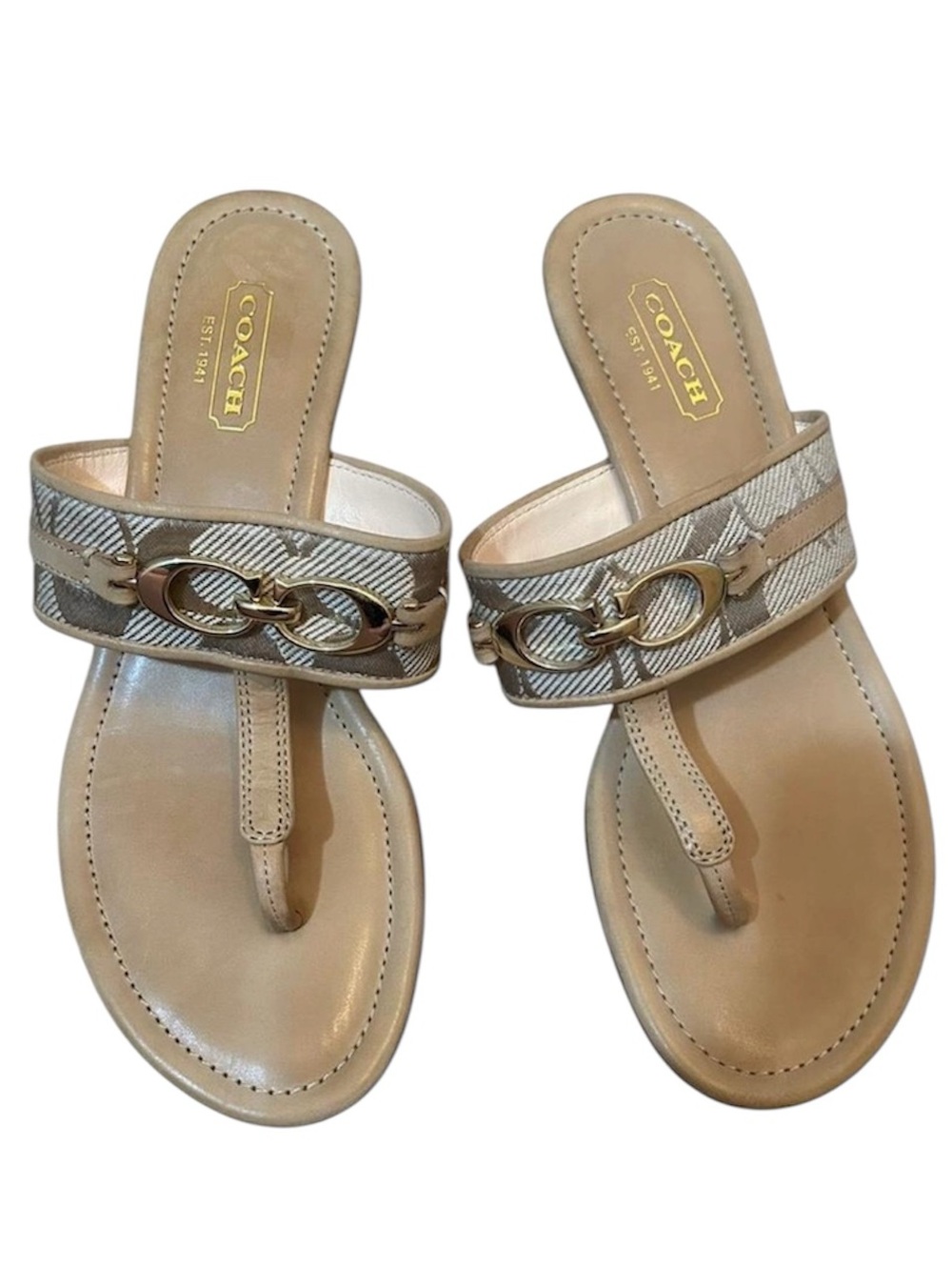 Coach Virginia thong sandals in tan monogram signature jacquard